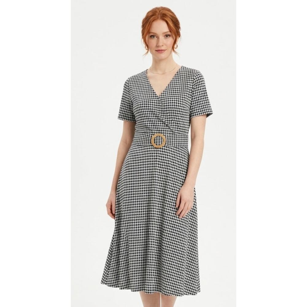 HELYO Women's Houndstooth Midi Dress XL Polyester Elastane Black White Classic